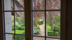 Uitzicht door een raam met een rasterpatroon, op een tuin met verschillende planten en een grindpad.