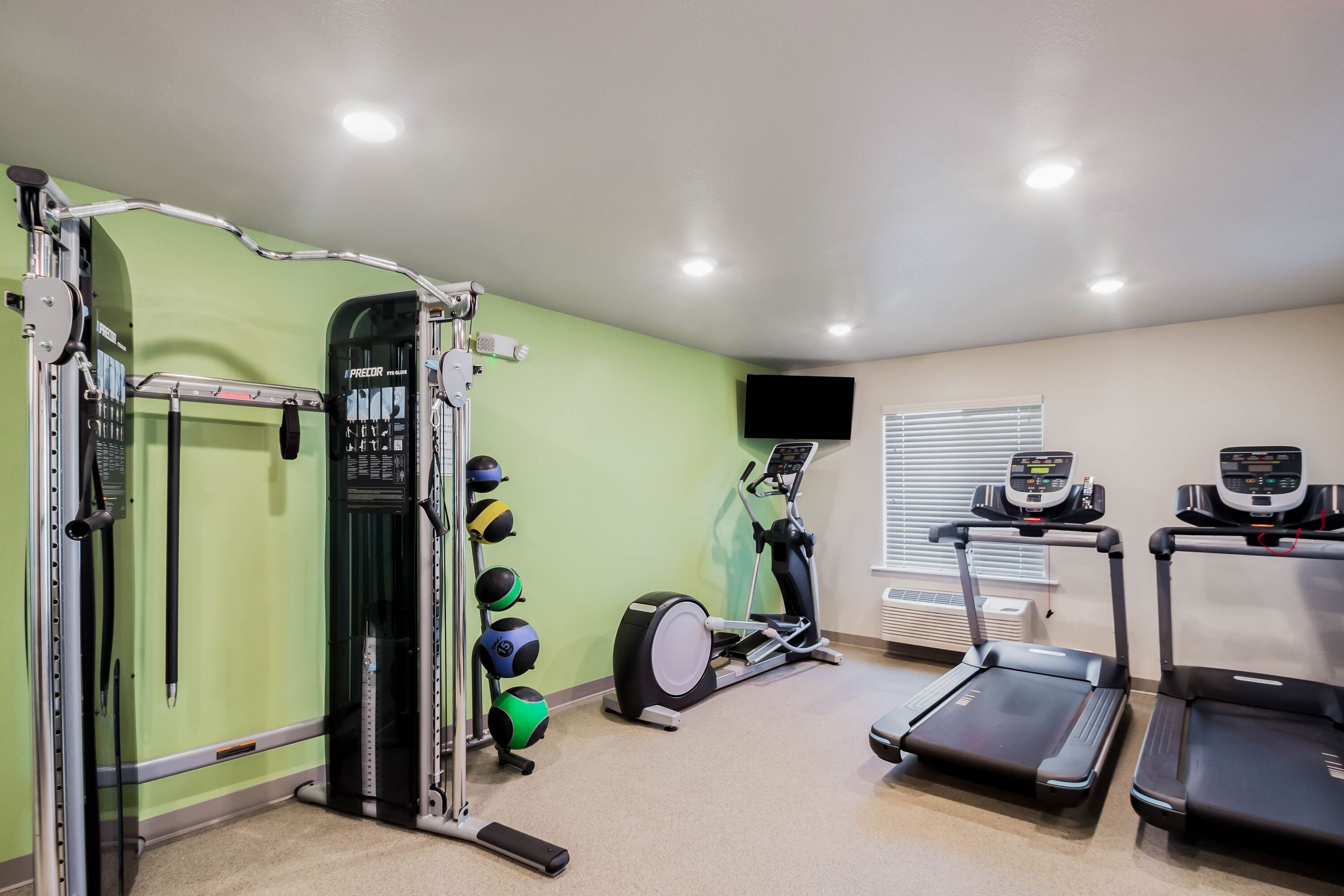 A home gym with a squat rack, medicine balls, an elliptical, and treadmills.