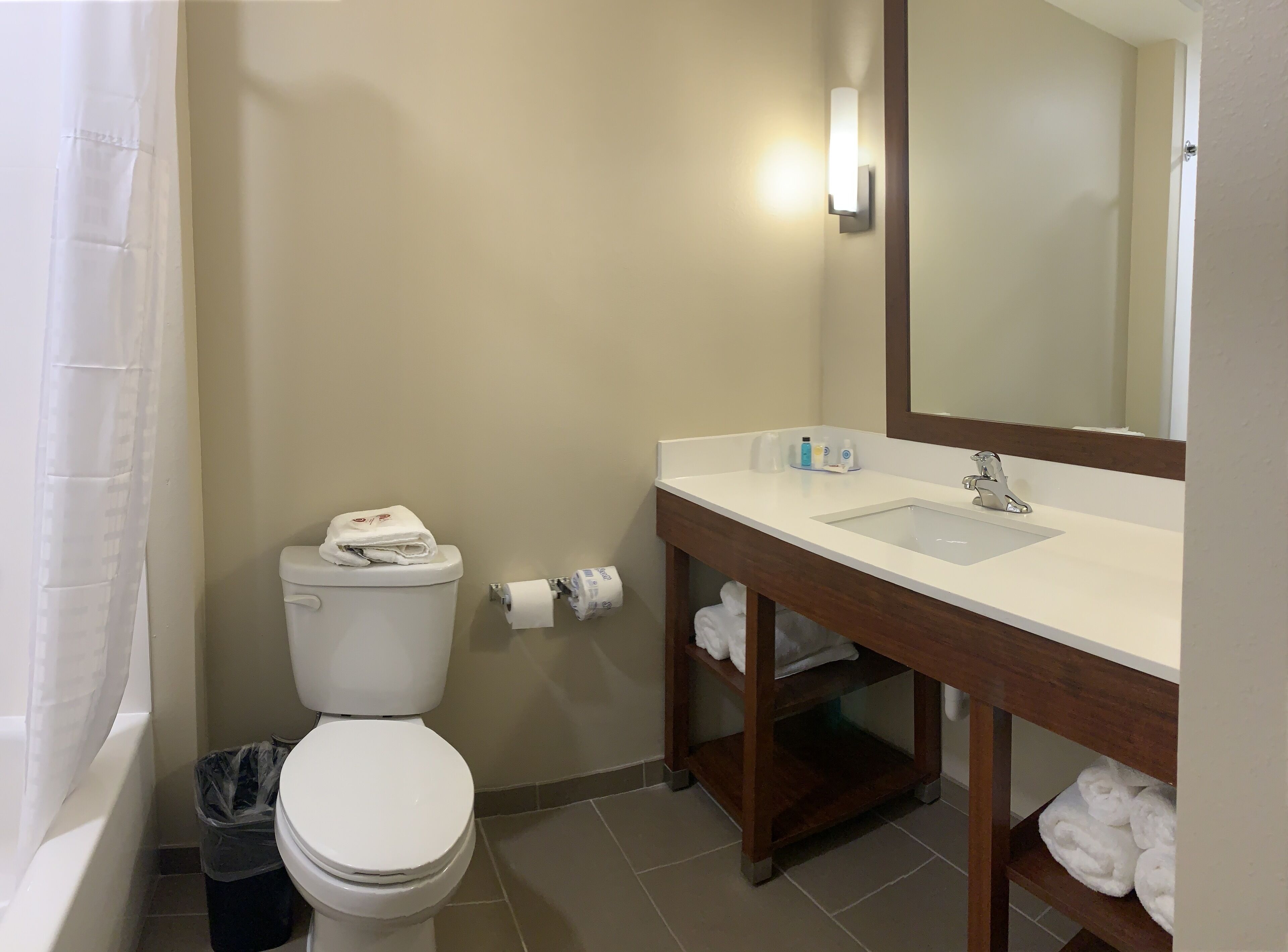 A bathroom with a toilet, a sink, a mirror, and a shower curtain.