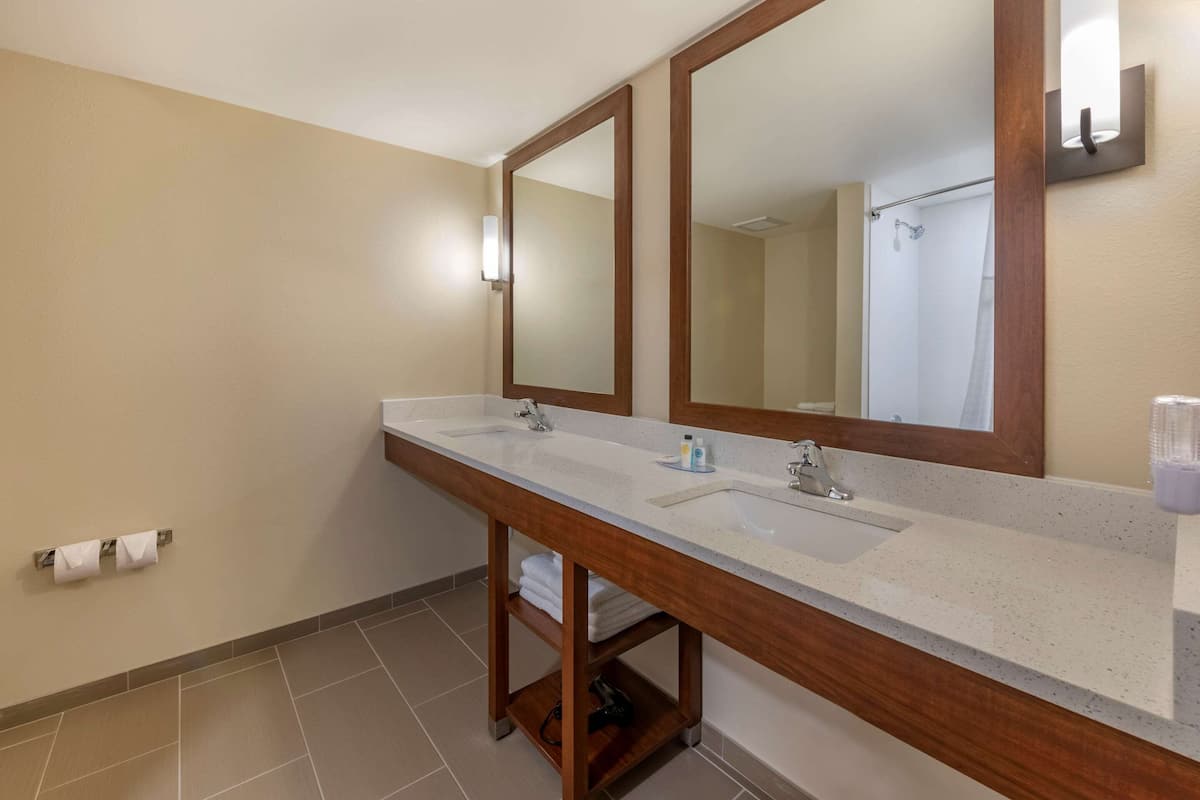 A bathroom with two sinks, a large mirror, and a towel rack.