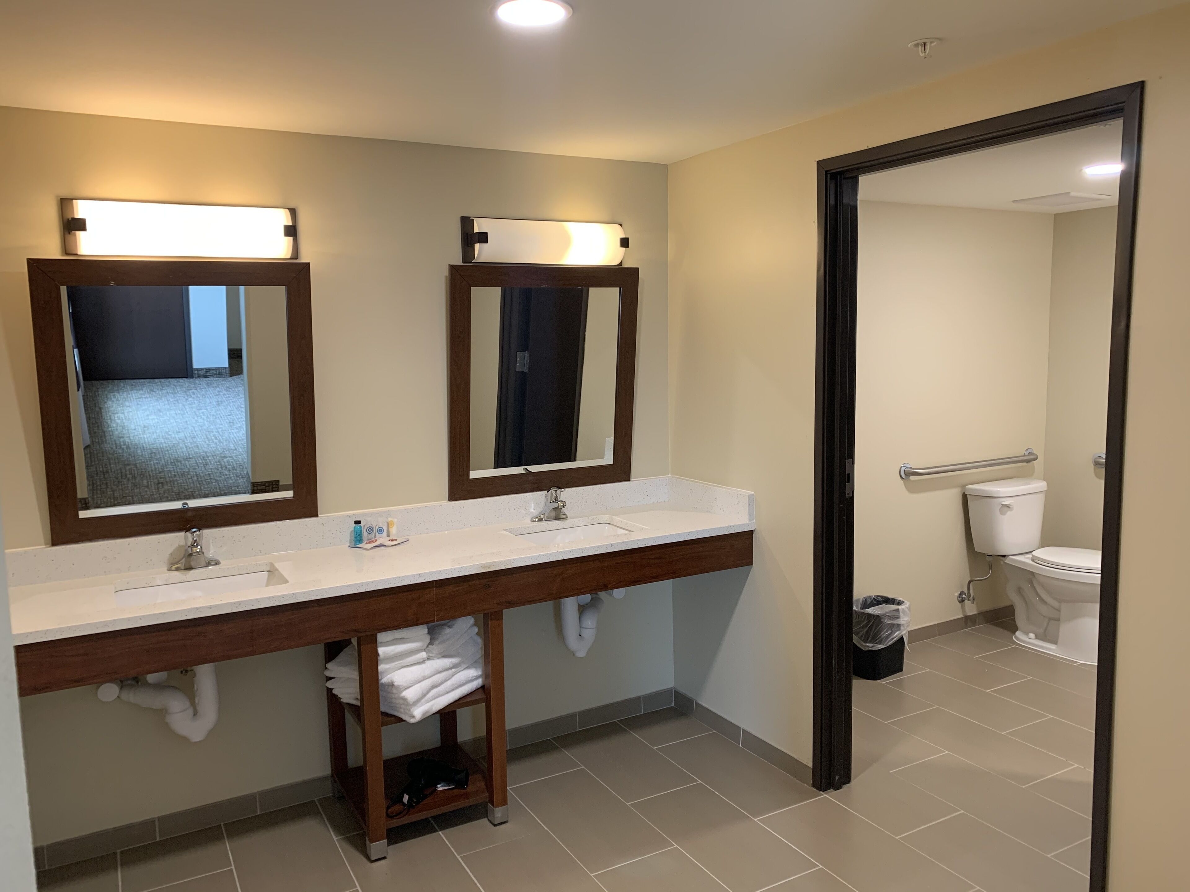 A bathroom with a double sink, two mirrors, a towel rack, and a toilet.