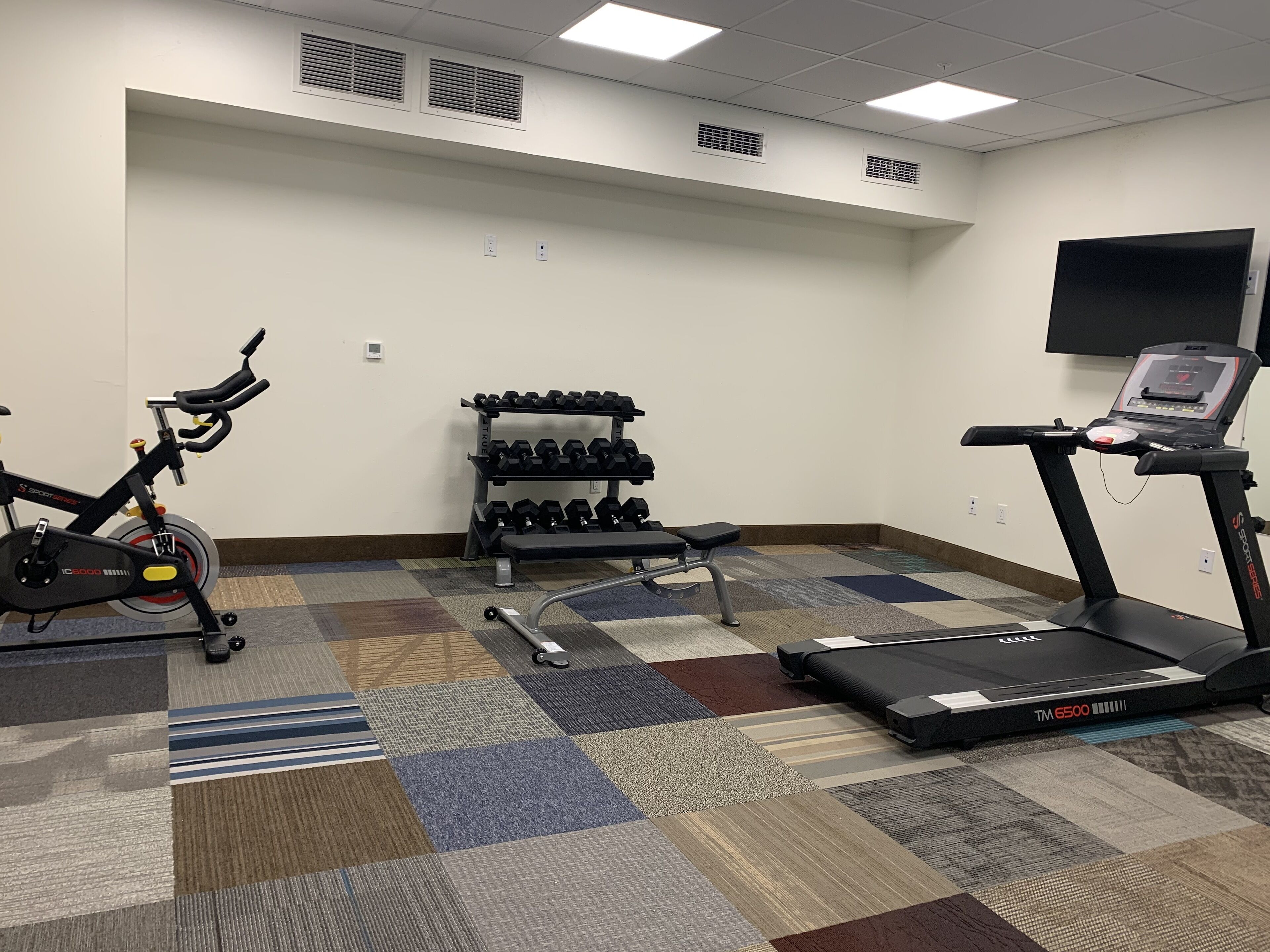 A gym with a stationary bike, treadmill, and dumbbells.