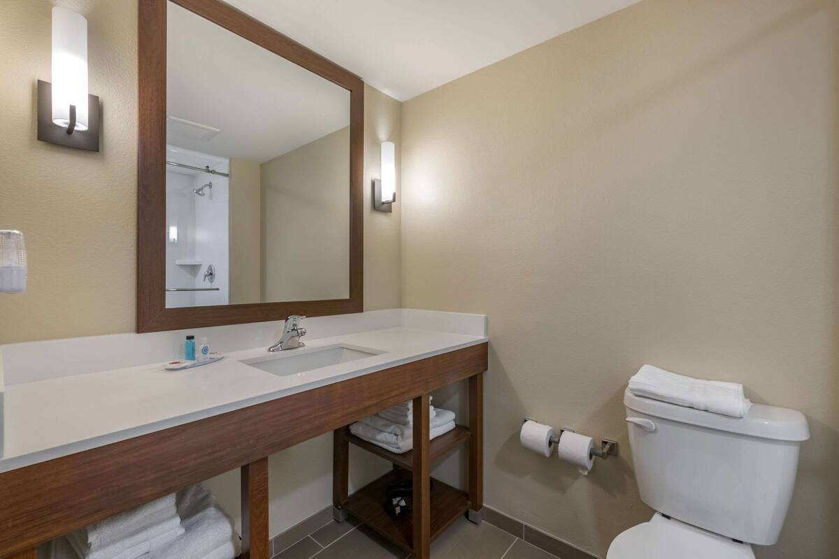 A bathroom with a double sink vanity, a mirror, a toilet, and a shower area.