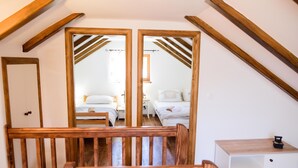 A room with wooden beams, a white cabinet, and two beds. - Villa G&P (ST) - Two-Bedroom Villa with Private Pool (Trilj)