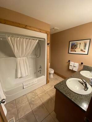 Combined shower/tub, hair dryer, towels, soap