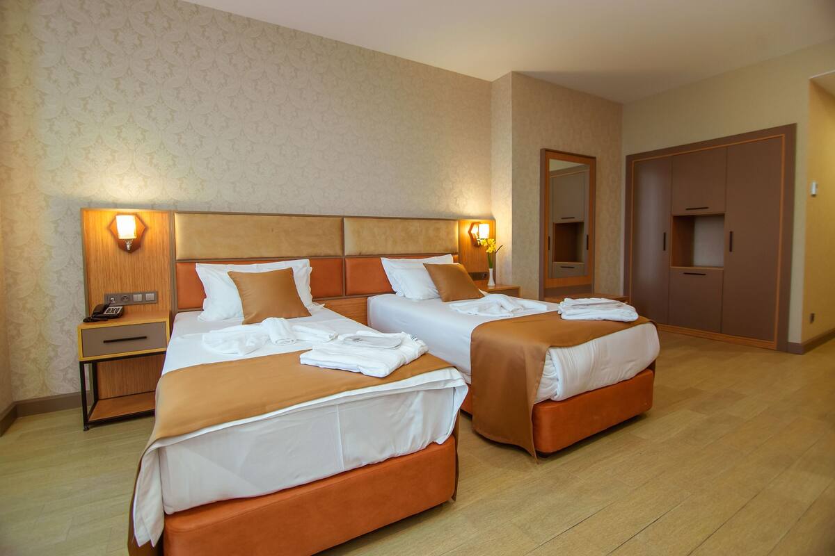A hotel room with two beds, a nightstand, a mirror, and a wardrobe.