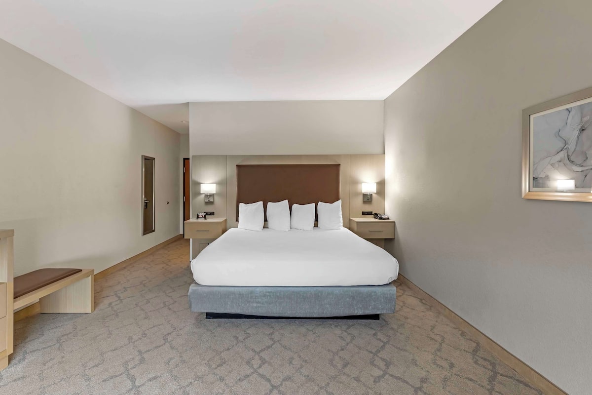 A hotel room with a large bed, bedside lamps, a headboard, a bench, and a framed artwork on the wall.