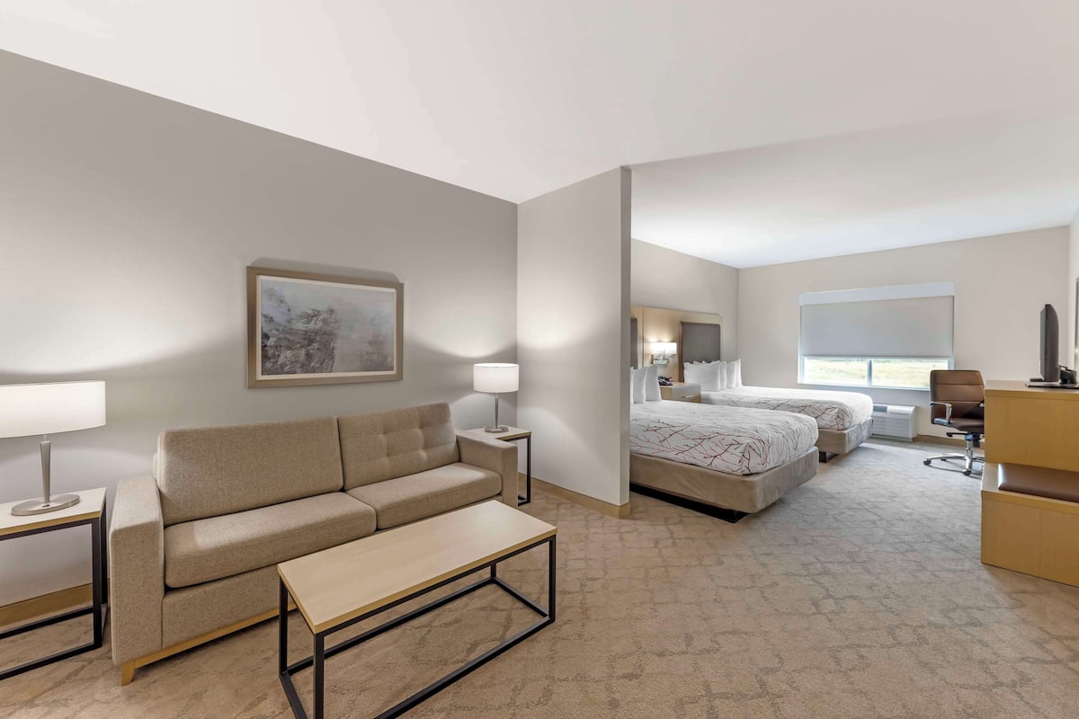 A hotel room with a sofa, a small table, a bed with two pillows, a chair, and a desk.