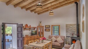 A spacious living area with a wooden ceiling, a fireplace, a dining table with chairs, and a sofa.