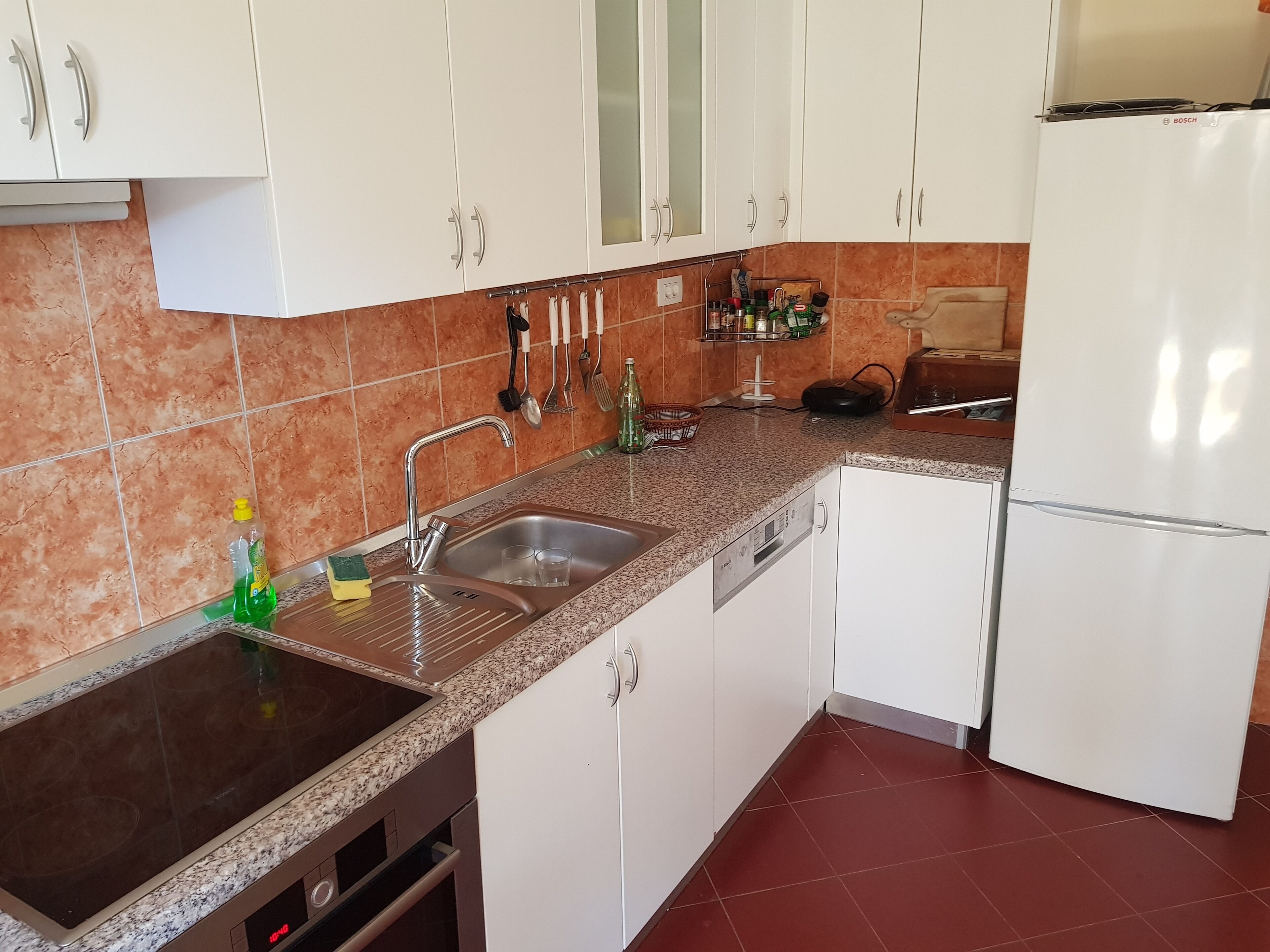A kitchen with white cabinets, a stainless steel sink, a Bosch refrigerator, and a granite countertop.