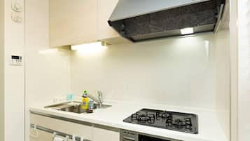 Fridge, microwave, stovetop, cookware/dishes/utensils