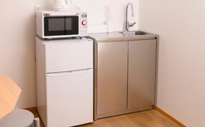 Fridge, microwave, cookware/dishes/utensils