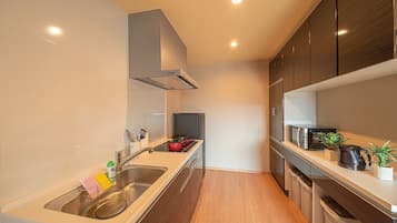 Kühlschrank, Mikrowelle, Herdplatte, Kochgeschirr/Geschirr/Besteck