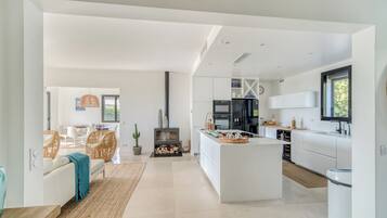 Smart TV, fireplace, DVD player, books