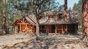 A rustic log cabin with a front porch and a large window, surrounded by tall trees and a gravel driveway. -  Beautiful Log home outside of Sisters, OR (Sisters)