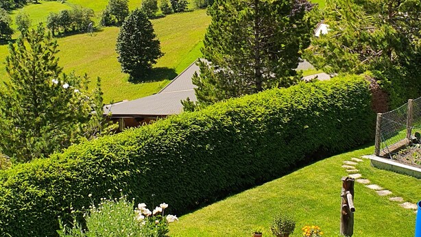 Un paysage montagneux avec une église, des maisons et un petit étang.