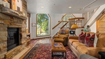 Televisión, chimenea, estéreo