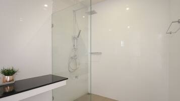 A modern bathroom with a glass-enclosed shower, a black countertop, and a small potted plant.