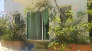 A building with a covered entrance, a set of steps leading up to a door, and various potted plants around the entrance area. - Casa Vainilla (Isla Holbox)