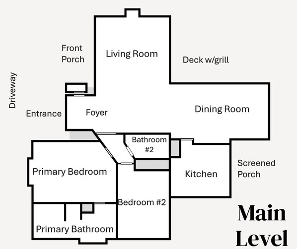 A floor plan of a house with a main level including a living room, dining room, kitchen, two bedrooms, a primary bathroom, a secondary bathroom, a foyer, a front porch, a screened porch, and a deck with a grill.