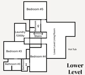 A floor plan of a hotel with five bedrooms, three bathrooms, a laundry/utility room, a hot tub, and a lower level living room.