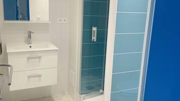 Shower, hair dryer, soap, toilet paper