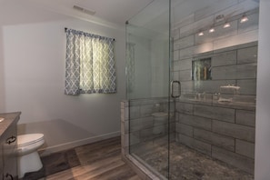 Combined shower/tub, hair dryer, towels, soap