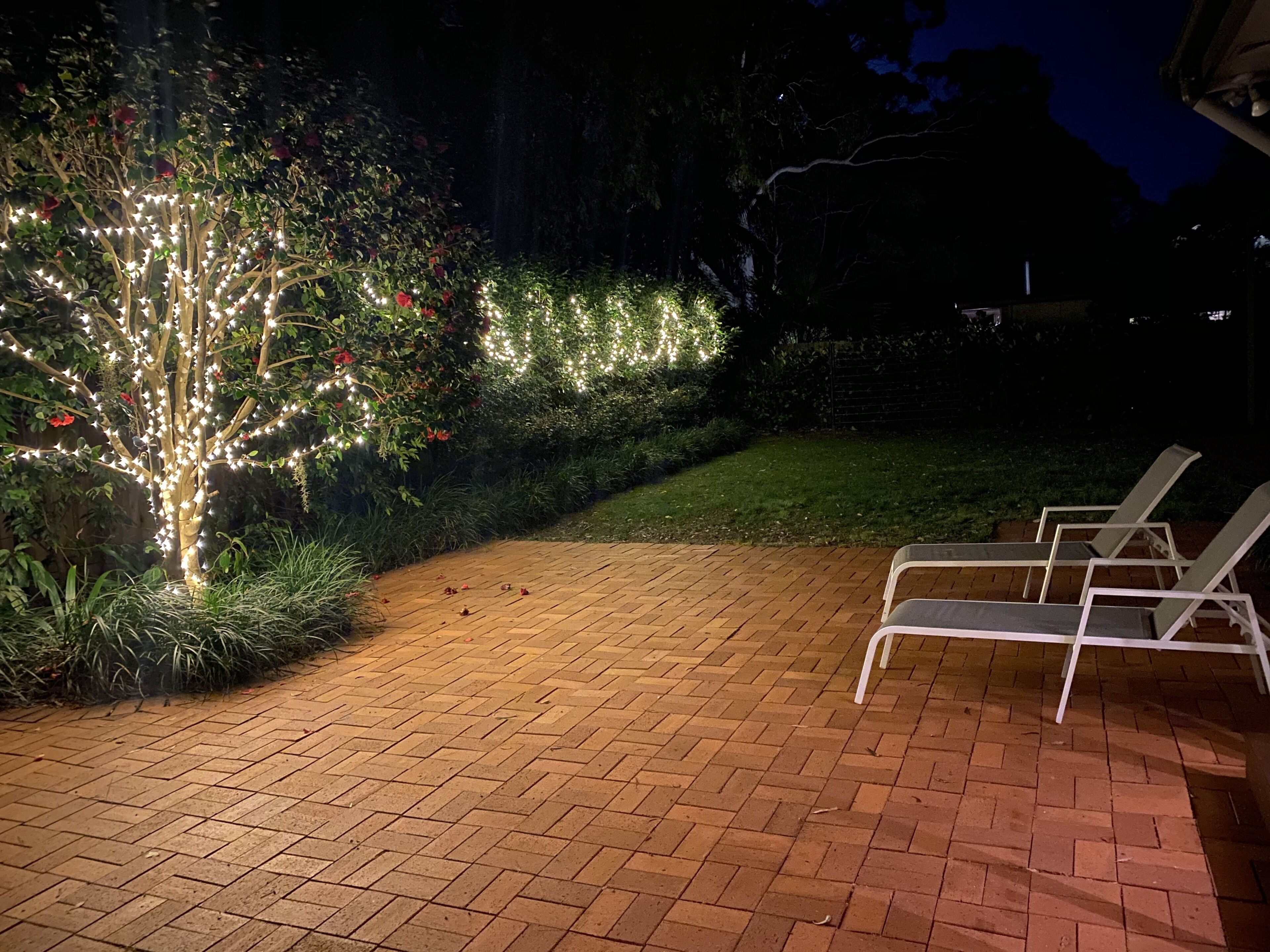 A patio area with a brick floor, a tree decorated with lights, and lounge chairs.