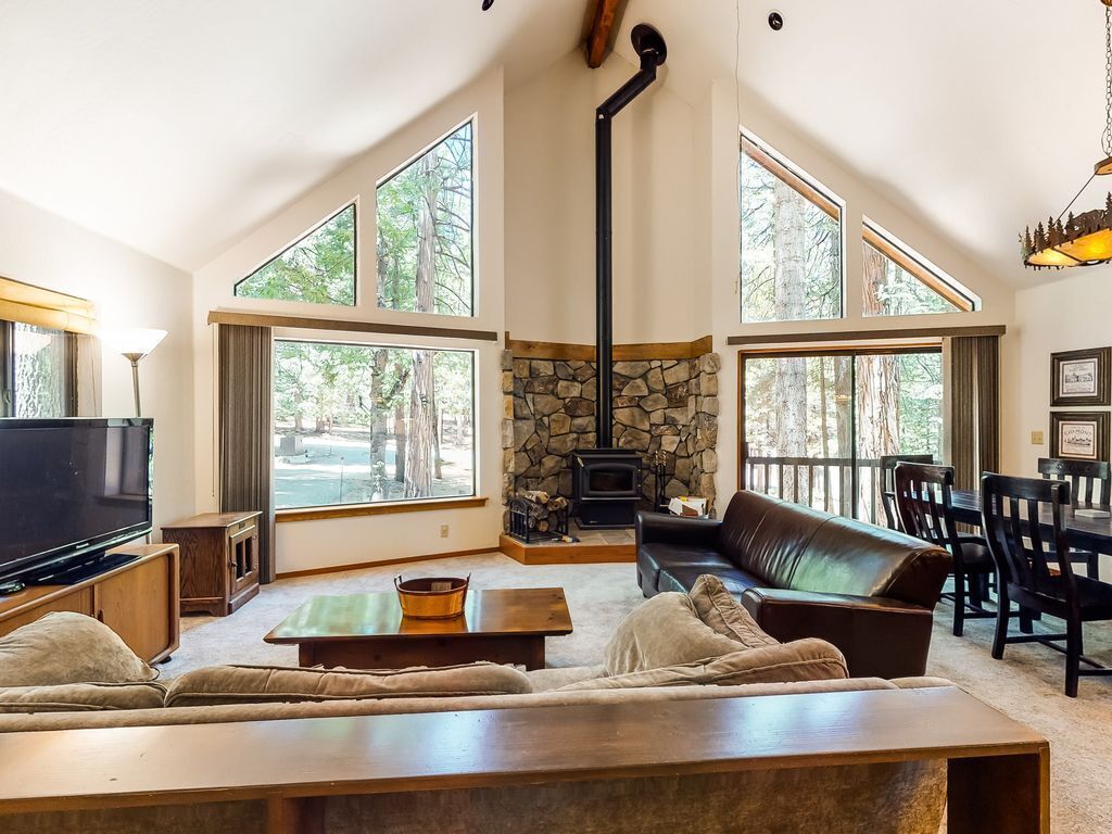 TV, fireplace, books