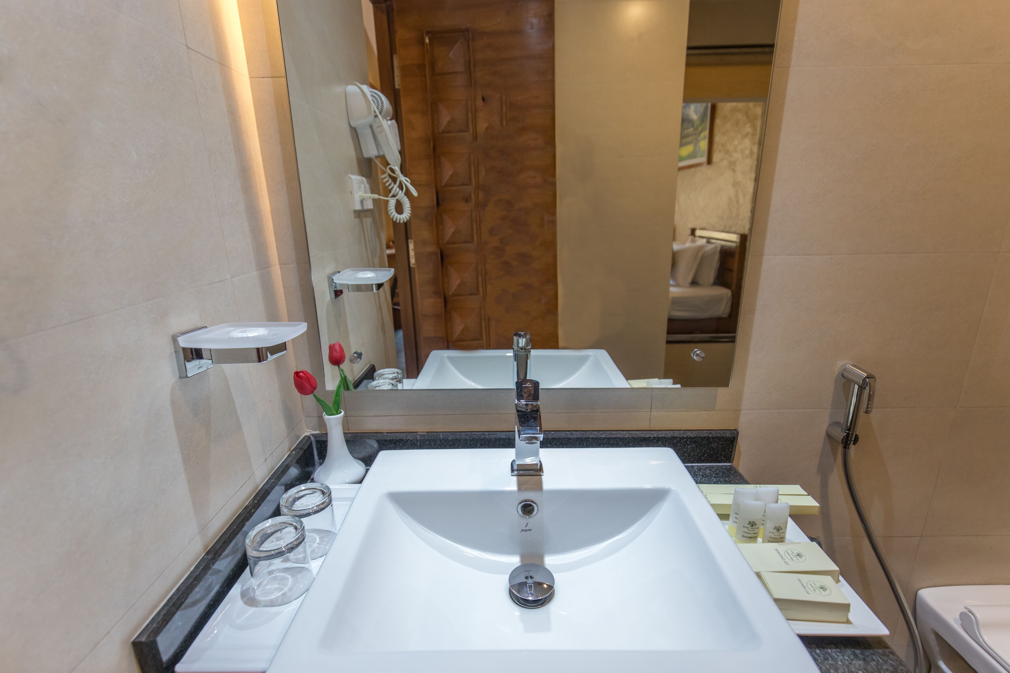 A bathroom with a white sink, a mirror, and a wooden door.