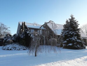 A snow-covered residential area with a house, a large evergreen tree, and a weeping willow in the foreground.