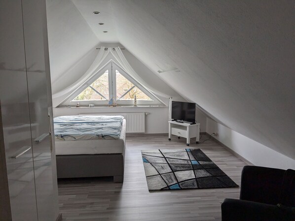 Une chambre à coucher avec un lit, un téléviseur posé sur un meuble, une fenêtre et un ventilateur de plafond.