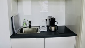 Une petite cuisine équipée d’un évier en acier inoxydable, d’une machine à café et d’une bouteille de liquide vaisselle.