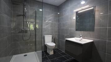 Shower, hair dryer, towels, soap