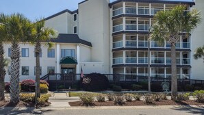 A multi-story hotel with a flat facade, a central entrance with a green awning, and a surrounding landscaped area with palm trees and shrubs.