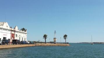 Vista al mar con un edificio blanco identificado como 'BAZAR CHINO', palmeras, un faro y un mar tranquilo.