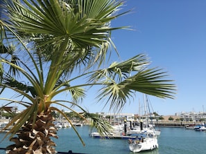 A marina with boats docked, palm trees, and a clear blue sky. - Palmeras y Adelfas Apartment, Near Golf Courses and Beaches on the Costa de la Luz and in the Algarve (Ayamonte, Costa Esuri)