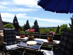 An outdoor seating area with a table and chairs, a blue umbrella, and potted plants with flowers.