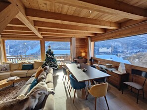 Télévision, cheminée, livres, chaîne hi-fi