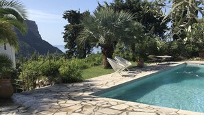 Une piscine en pierre entourée de chaises longues, de verdure et offrant une vue sur la montagne.