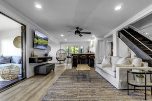 Smart TV, fireplace, books