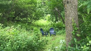 Un espace extérieur isolé, aménagé avec deux fauteuils Adirondack, entouré d’une végétation luxuriante et d’arbres.