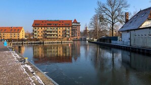 A calm river with buildings on the opposite bank, a clear sky, and a tree in the foreground.