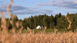A white tent-like structure in a grassy field with a forest in the background. - Escape to Nature: Cozy Yurt on a Heritage Farm with Trails, Pond, & Sauna (Powassan)