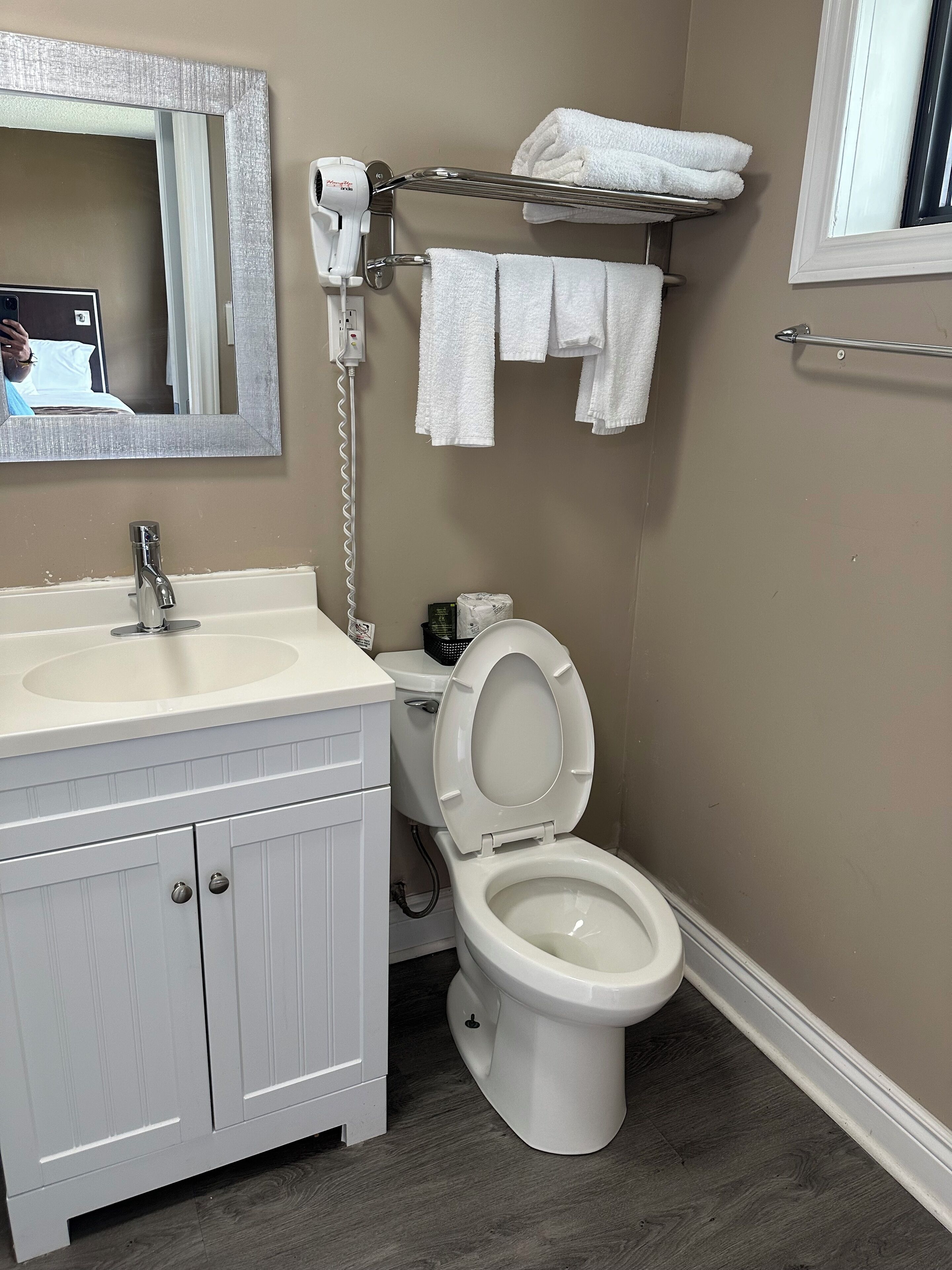 A bathroom with a white vanity, a toilet, and a towel rack.