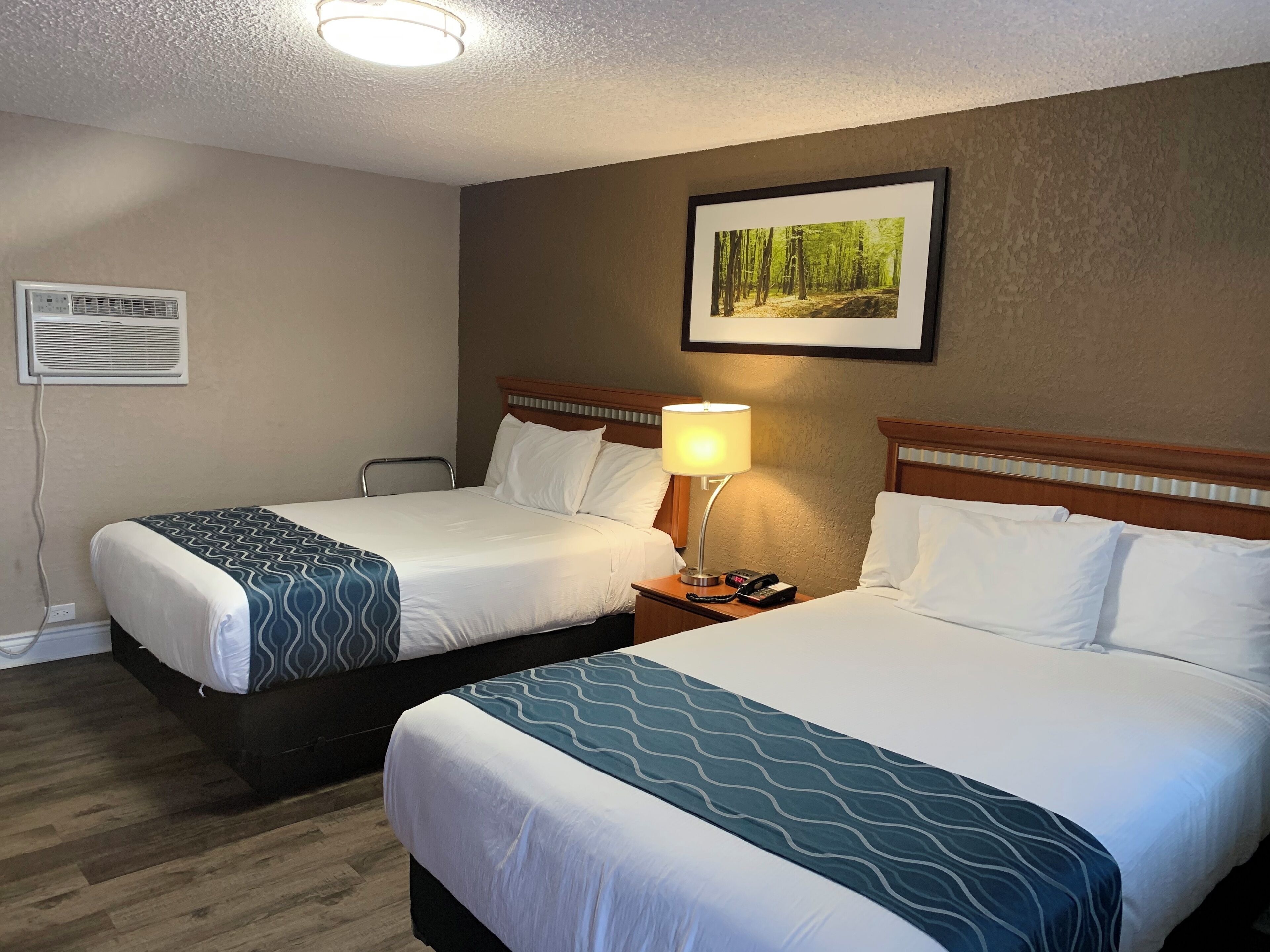A hotel room with two beds, a nightstand with a lamp, a framed picture on the wall, and an air conditioning unit.