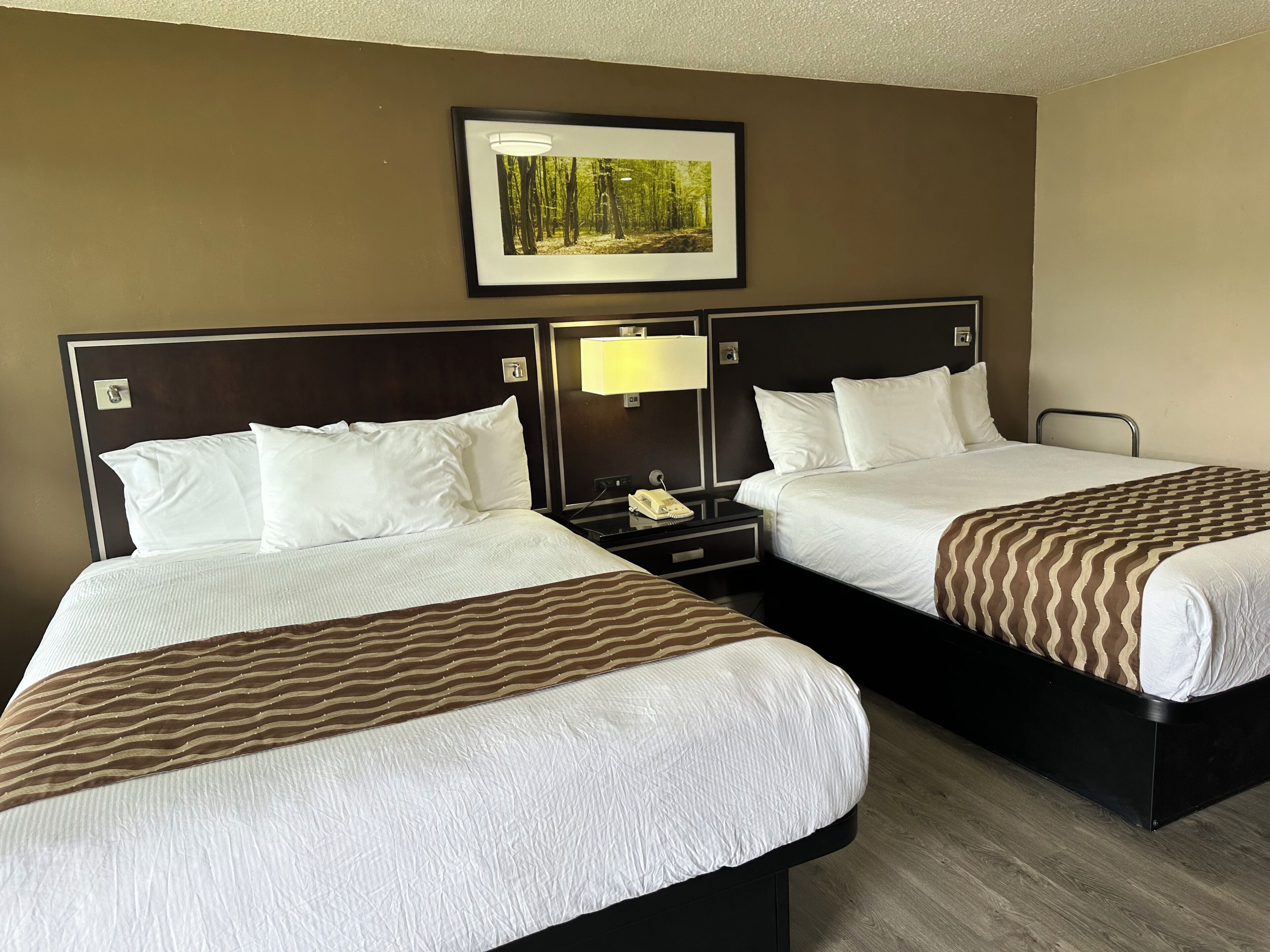 A hotel room with two beds, a nightstand with a lamp, and a framed picture on the wall.
