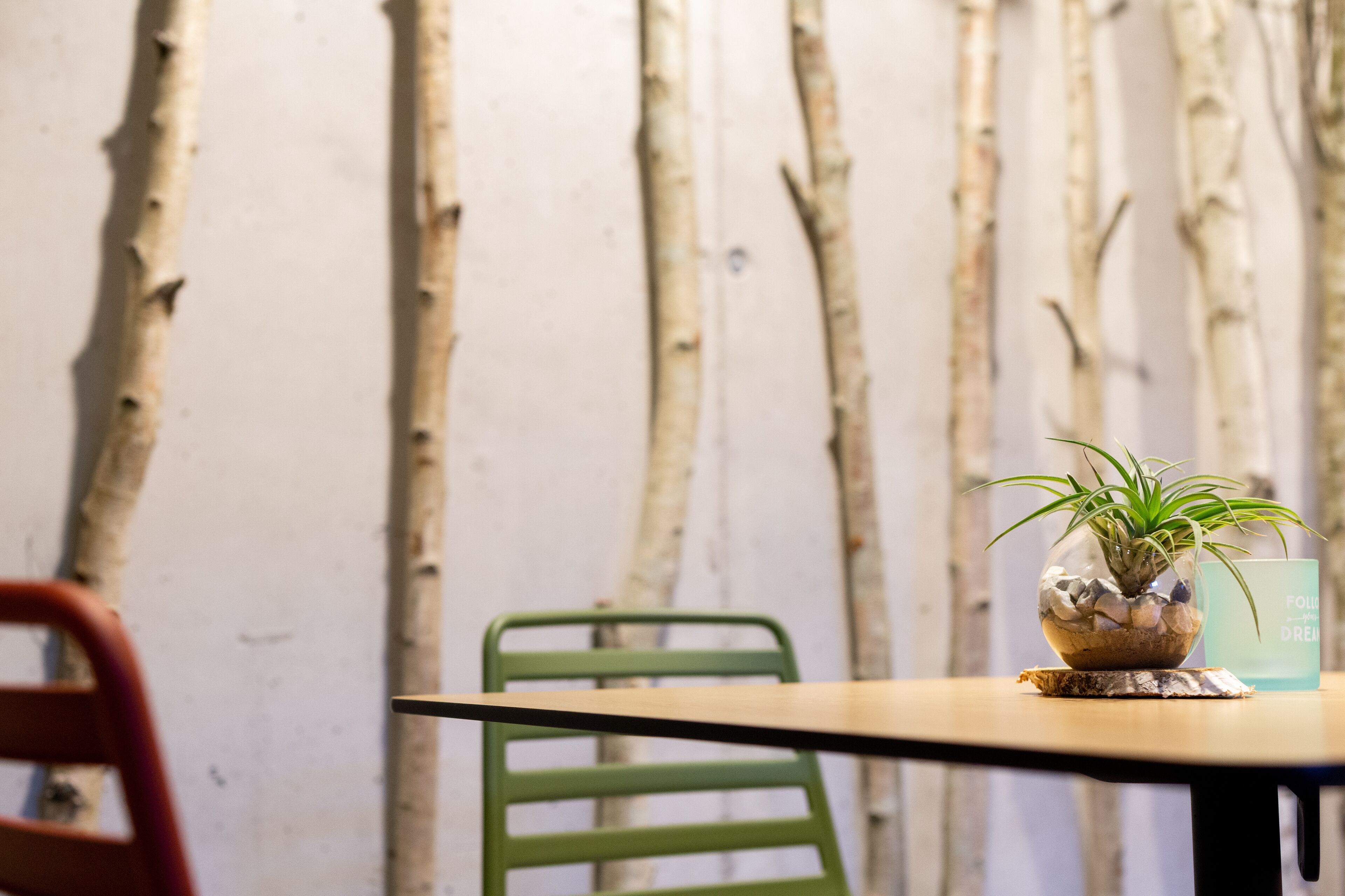 A dining table with a potted plant, a green chair, and a glass of water.