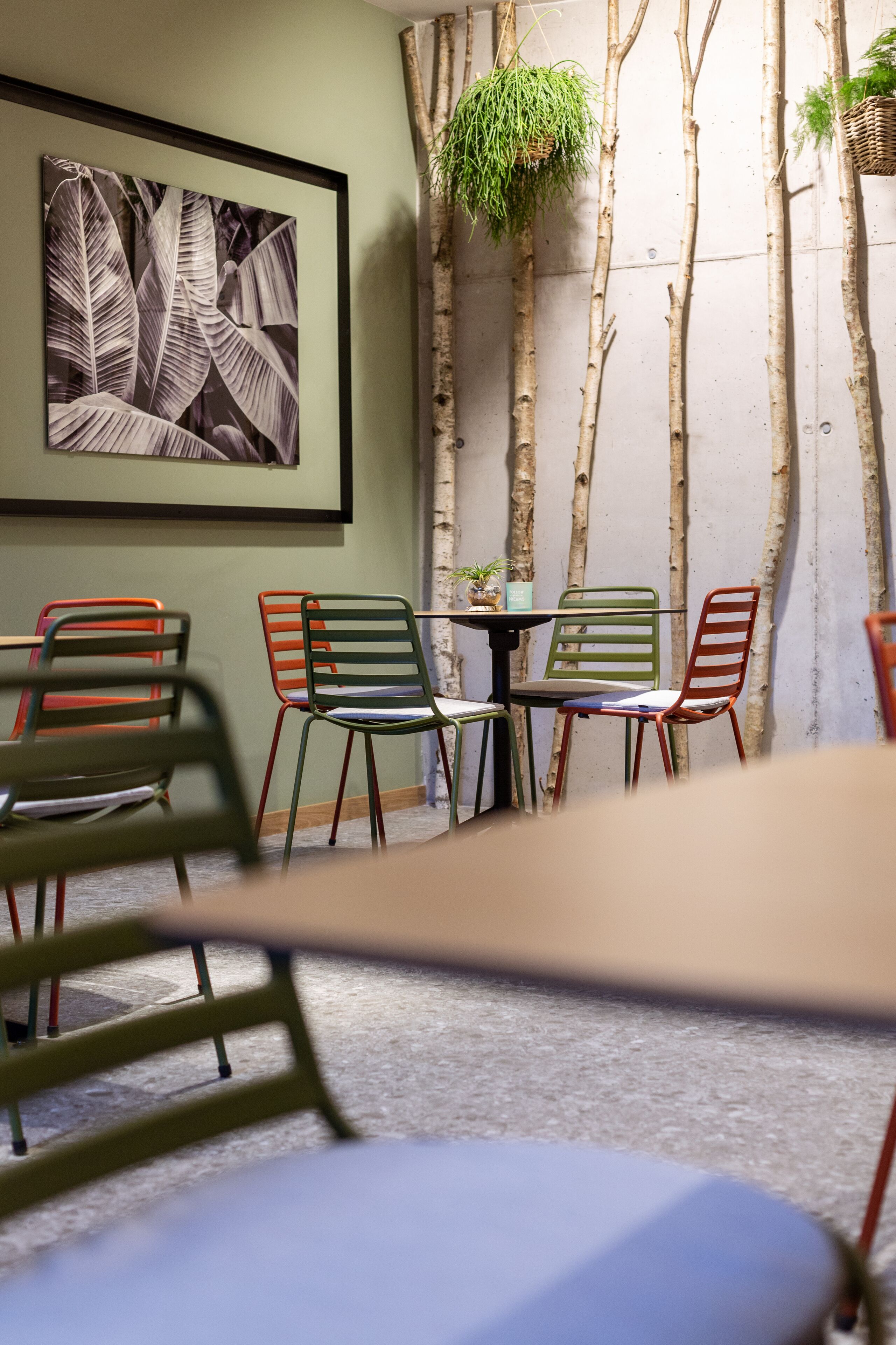 A room with a table and chairs, a framed picture on the wall, and a plant hanging from the ceiling.