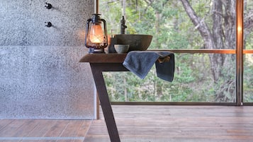 Separate bathtub and shower, deep-soaking bathtub, rainfall showerhead